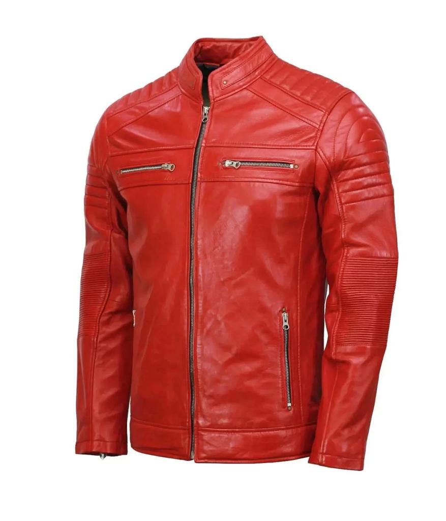 Motorrad Biker Bekleidung Herren Stilvolle Handgefertigte Echte Leder Rote Jacke Lammfell
