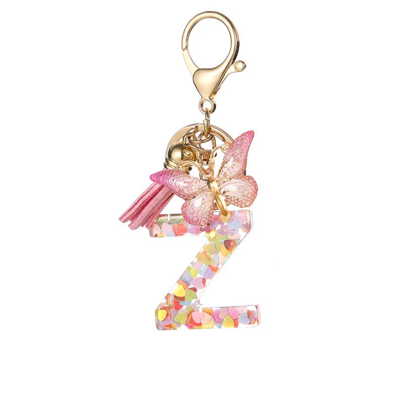 A-Z Dreamy Letters Keychain for Women Tassels Butterfly Pendant Initial Keyrings Purse Suspension Bags Car Key Chain Pink