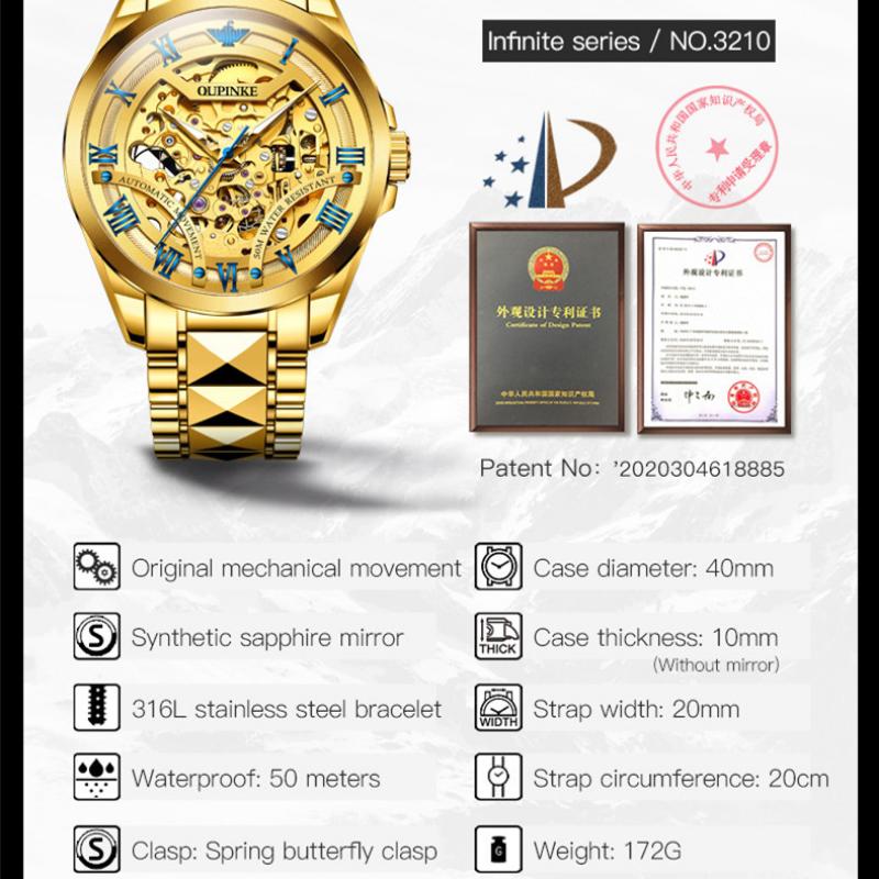 OUPINKE Men's Watch Full -automatic Mechanical Watch Hollow Movement Waterproof High -end Watch