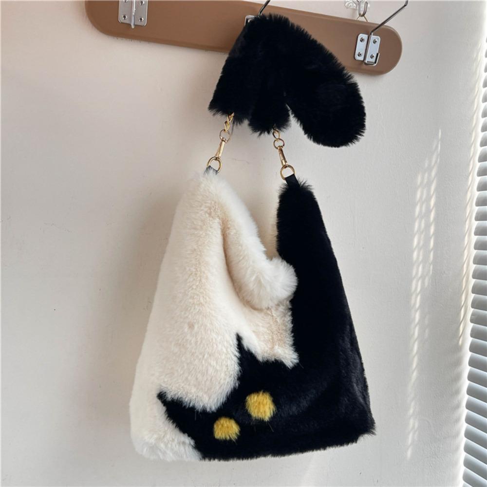 

Korean Style Faux Fur Shoulder Bag Colorblock Handbag Retro Cat Plush Crossbody Bag Outdoor