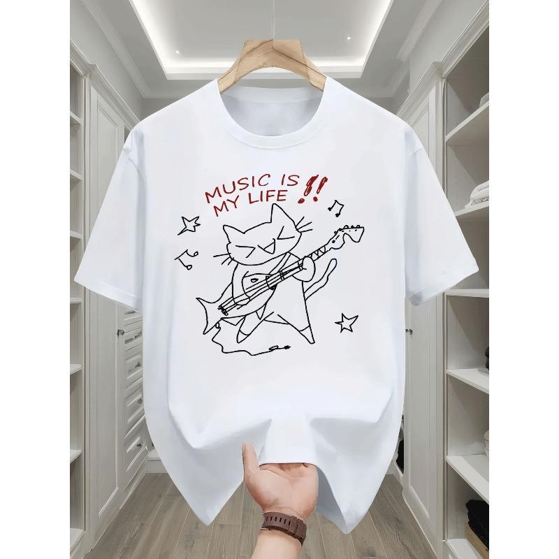 Kids Cat Playing Guitar Music Note Print Crewneck Casual Short Sleeve Tee
