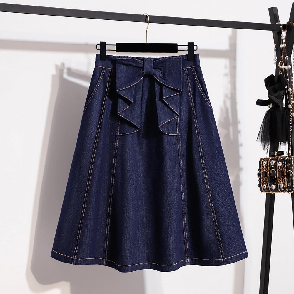 

DIMANAF 2026 Summer Plus Size Women Skirts Elastic Waist Denim Blue Oversize Casual Lady Long Skirts Cotton Solid A-Line 5XL темно-синього кольору