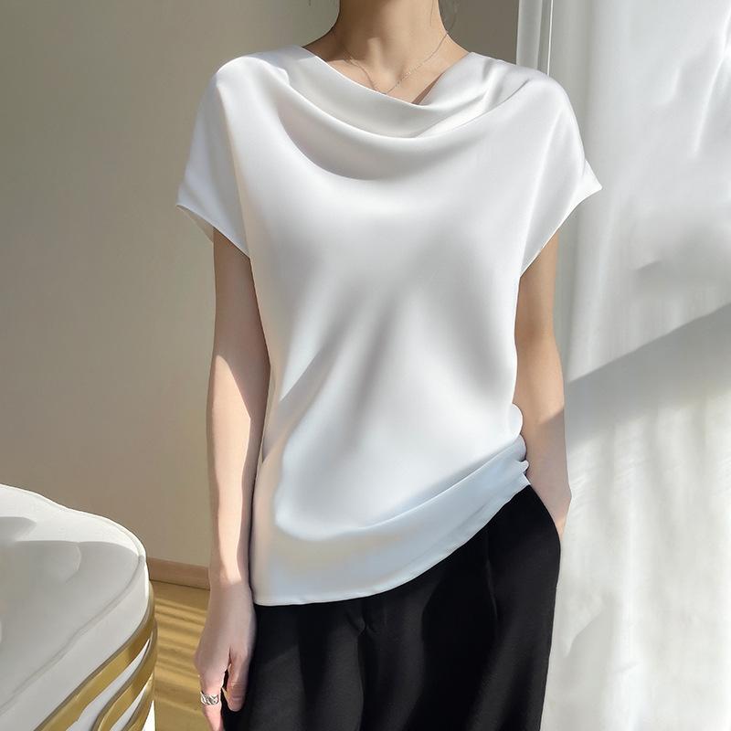 T-shirt à manches courtes et col empilé pour femme, nouvelle mode printemps-été, haut polyvalent en satin de style étranger, tempérament fin