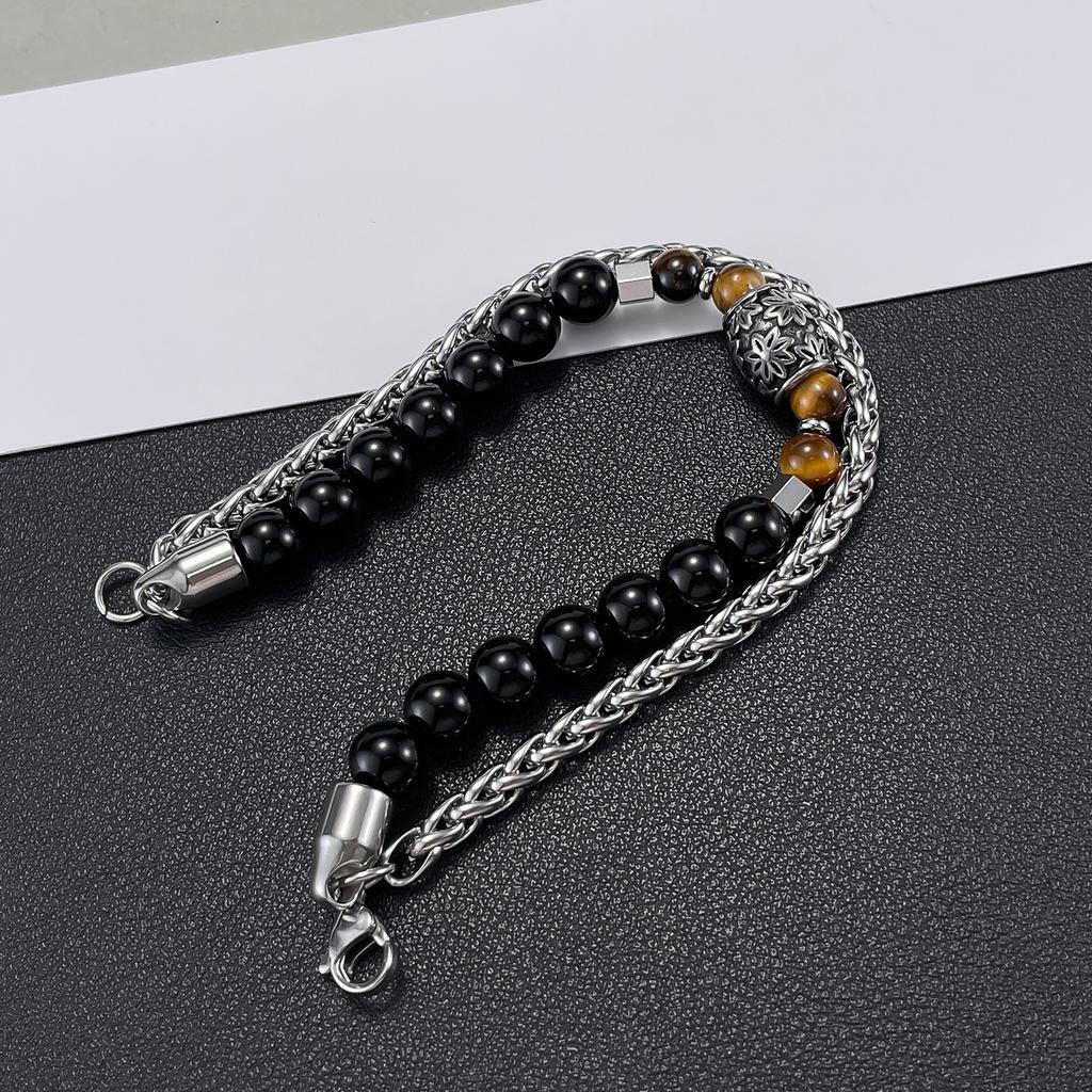 Retro High -End Stainless Steel Double -Layered Black Onyx Tiger Eye Stone Men 'S And Women 'S Bracelets 