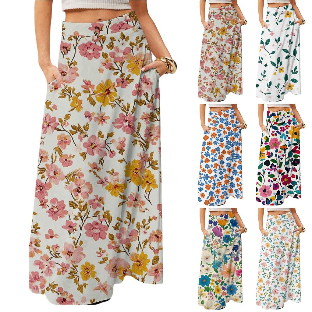 Women's Casual Leisure Foldable Floral Print High Waist With Pocket Draped Relaxed Long Maxi Skirt