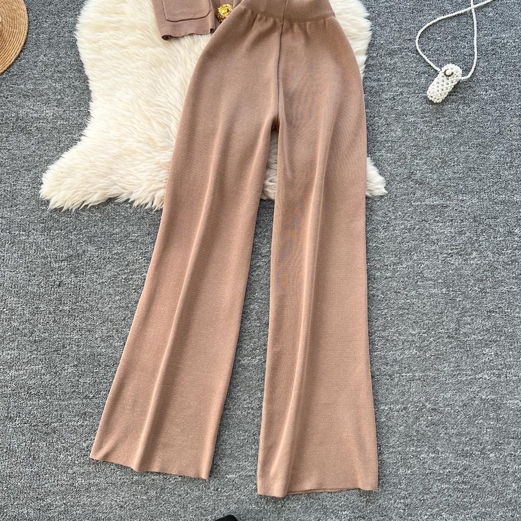 Summer Women Knitted Sweater Tracksuit Sleeveless Big Gold Button Tank Vest Tops and Wide Leg Pant Two Piece Set