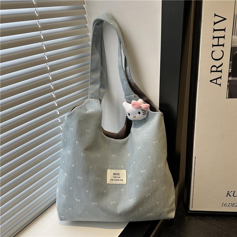

2025 spring and summer new bow denim canvas bag Korean simple and versatile shoulder bag large-capacity tote bag single bag светло-синий