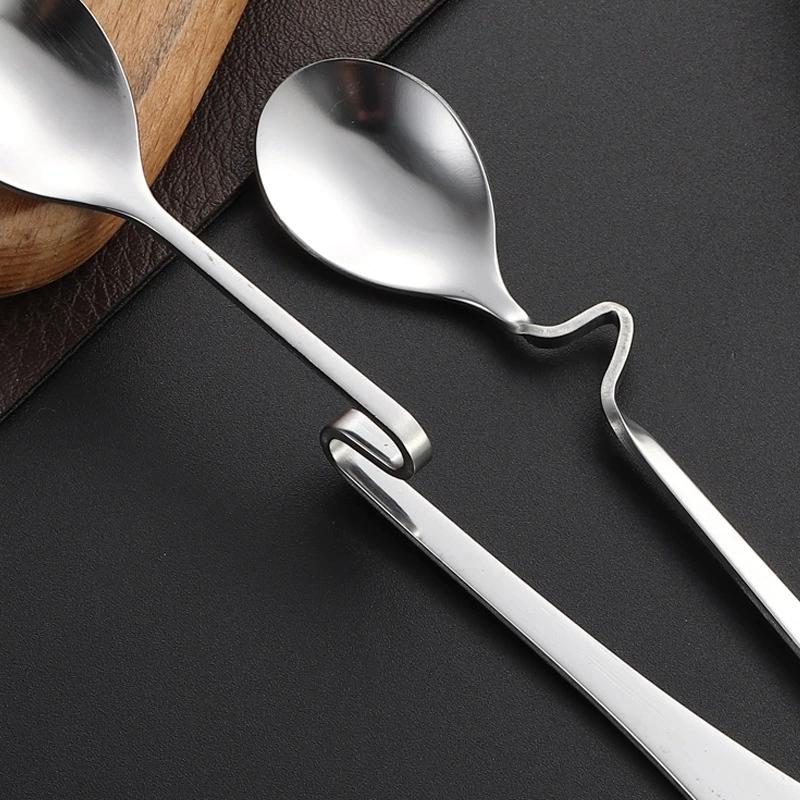 Stainless Steel S-Shaped Hanging Cup Spoon Restaurant Curved Handle Twisting Spoon Coffee Milk Dessert Tea Curved Mixing Spoons