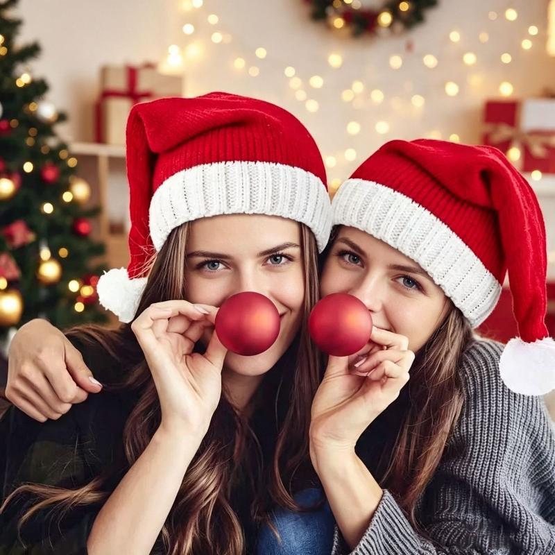 Family Matching Christmas Santa Hats Soft Plush Fluffy White Pom Pom Perfect For Holiday Parties Family Photoshoots