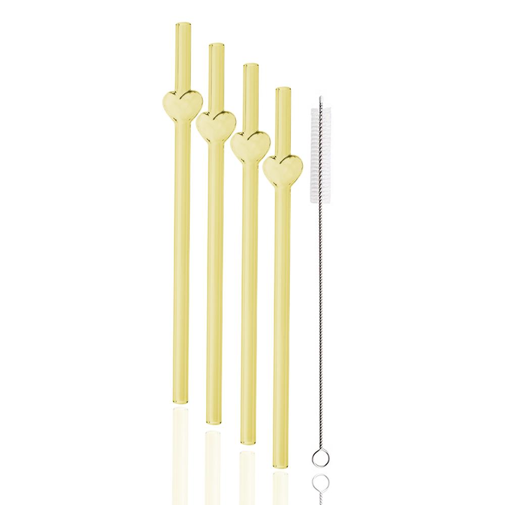 4Pcs Heart Reusable Glass Straws Eco-friendly Drinking Straws for Smoothie Milkshakes Tea Juice Cocktail Straw with 1 Brush