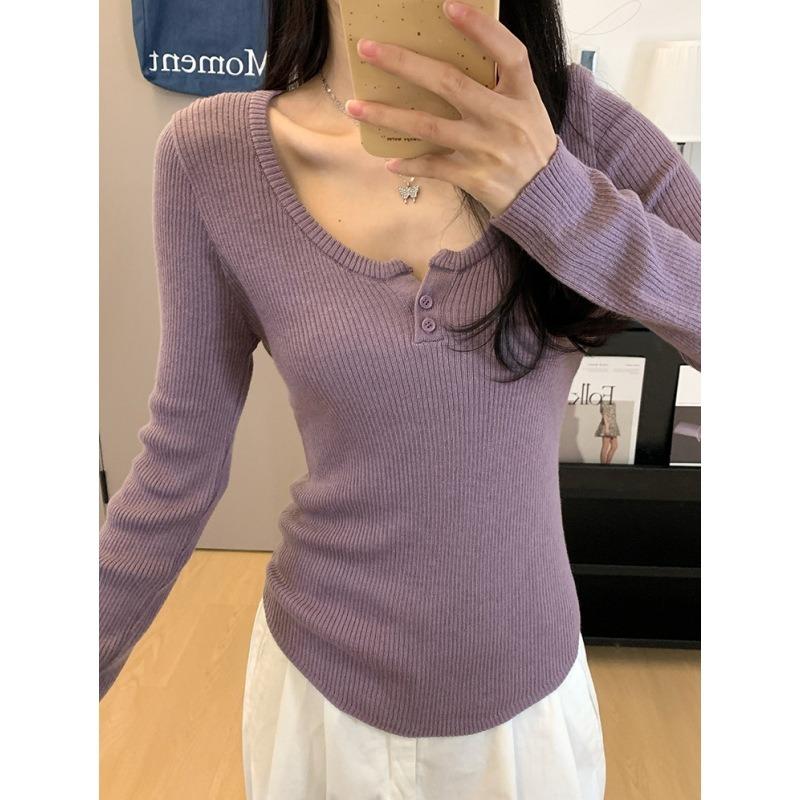 Button semi-open neck slim-fitting thin knitted long-sleeved women's spring inner cover Spice girl slim bottoming shirt Basic top