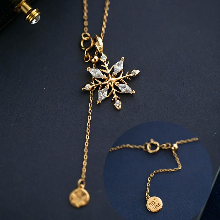 Gold-Plated S925 Sterling Silver Snowflake Pendant Necklace - Elegant, Creative Design for Women