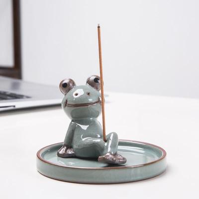 Zen Frog Ceramic Incense Burner and Holder - Ge Kiln Style for Home or Office Decor