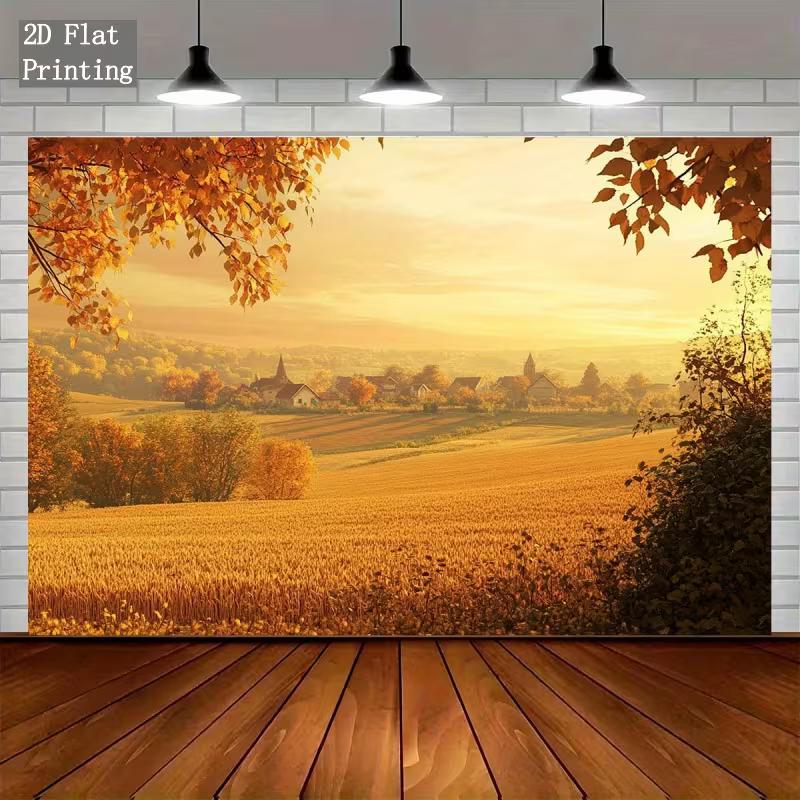 2D Cozy Autumn Wheat Field Village Photography Background 47.2x31.5inch/120*80cm