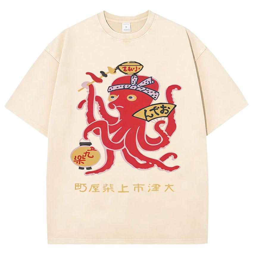 Divertente Osaka Dotonbori Polpo Ubriaco Giapponese Retrò Lavata Maglietta Unisex Donna Abbigliamento Umoristico Moda Cotone Manica Corta T-shirt