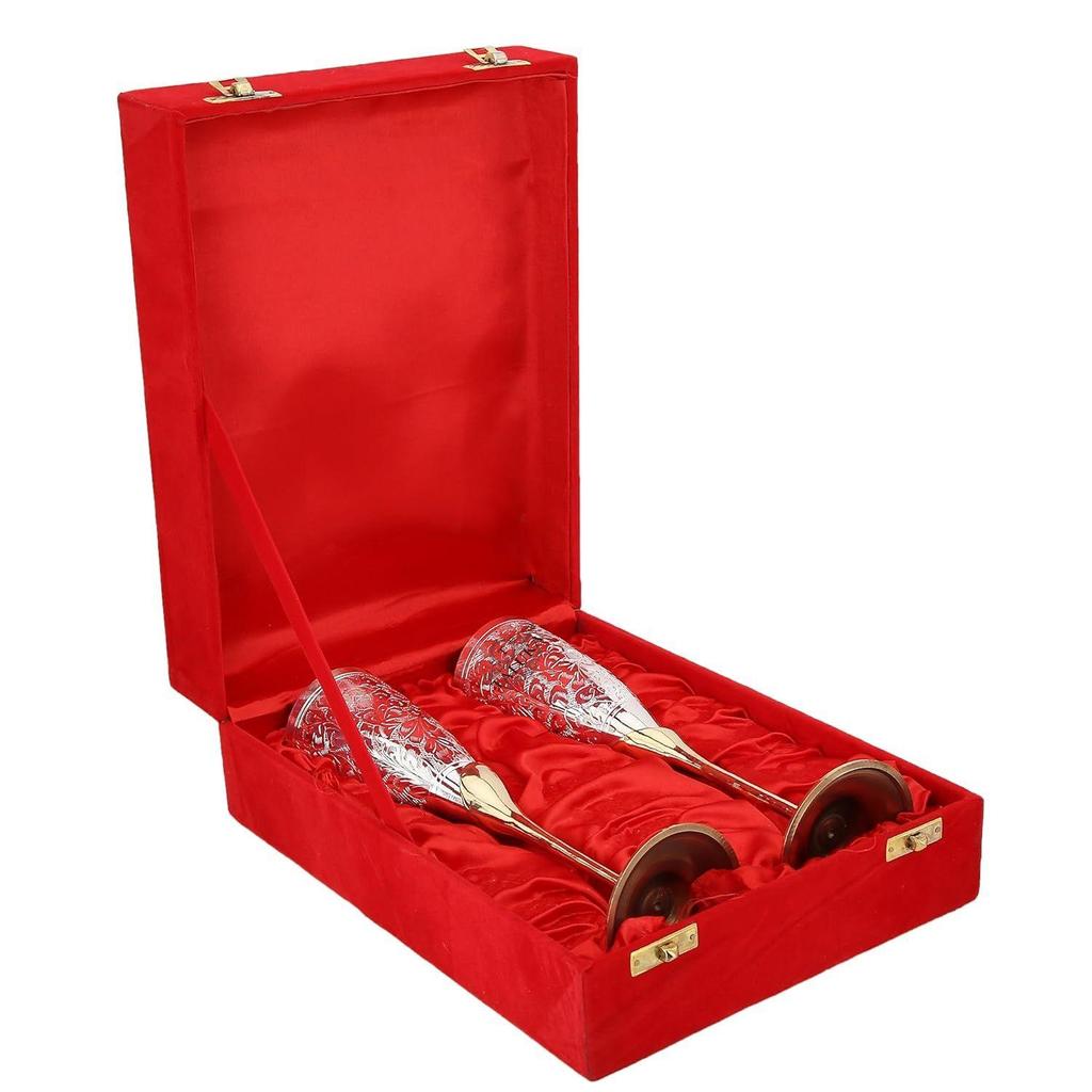 Handmade Engraved Silver Plated Brass Wine Glass Set Champagne Glass Flute Design | for Champagne Wine Goblet Glass