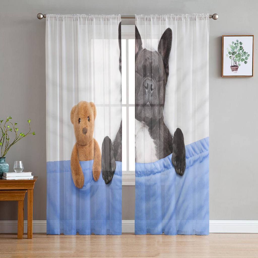 Featuring A Pomeranian Pet Dog Bay Window Screening Curtains Drape Sheer Tulle For Living Room Bedroom Voile Organza Curtains