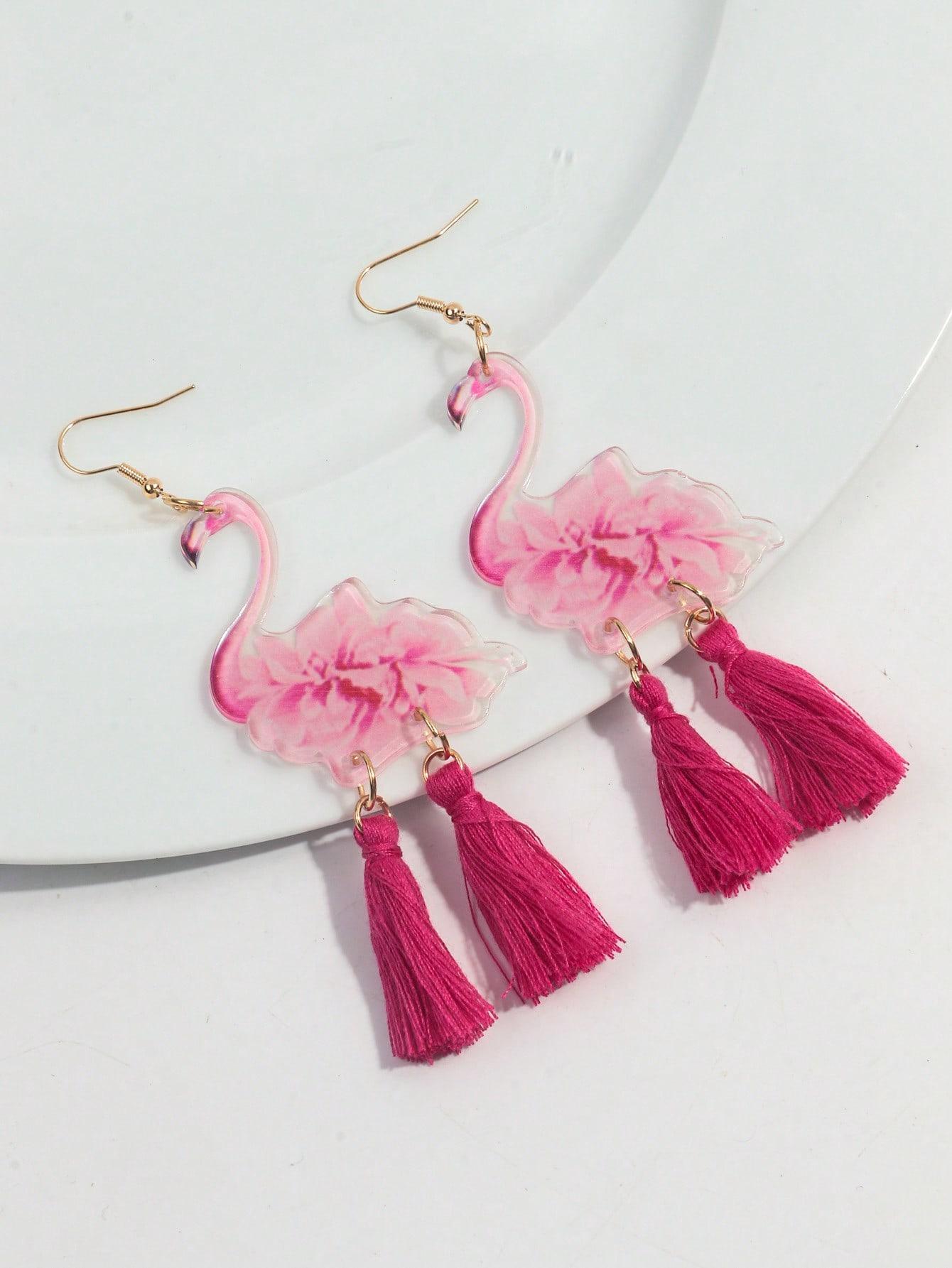 Trendy Pink Flamingo Acrylic Earrings for Women Green Monstera Leaf Tassel Long Drop Earring New Year Jewelry Christmas Gift