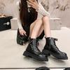 Mode Femme Style Britannique Semelle Épaisse Bottines Courtes Automne Hiver Nouveau Noir Talon Carré Punk Lacets Cuir PU Moto Botas