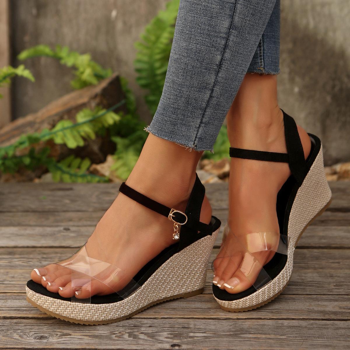 

Summer 2025 muffin cross transparent belt sandals new women s European and American large size platform Roman sandals 41 чёрный