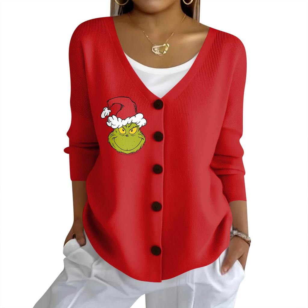 Women's Fashion Casual Knit Sweater Button-Up Christmas Print Cardigan Jacket