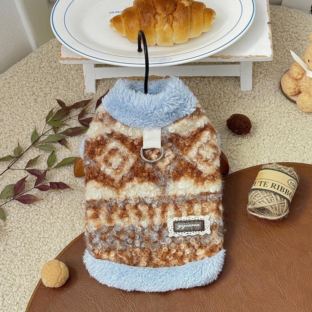 Pet Autumn and Winter Clothing with Plush Striped Warm Vest Cute Teddy Schnauzer Cat Coat Dog Clothes for Small Dogs