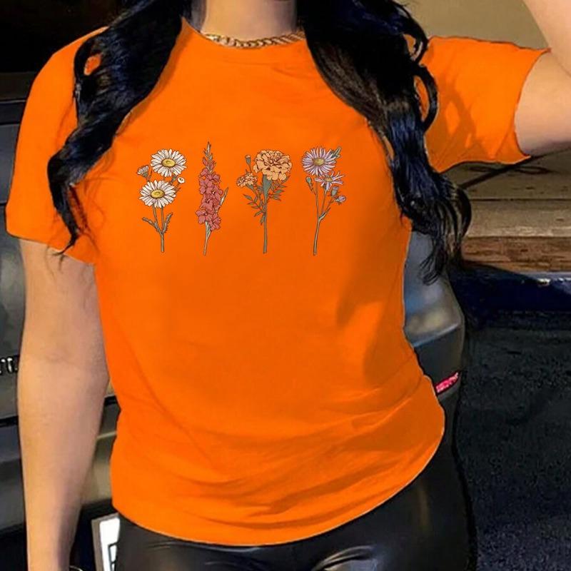 Women's Flower Plant Print Loose Imitation Cotton Large Size Round Neck Short Sleeved T-shirt for Women