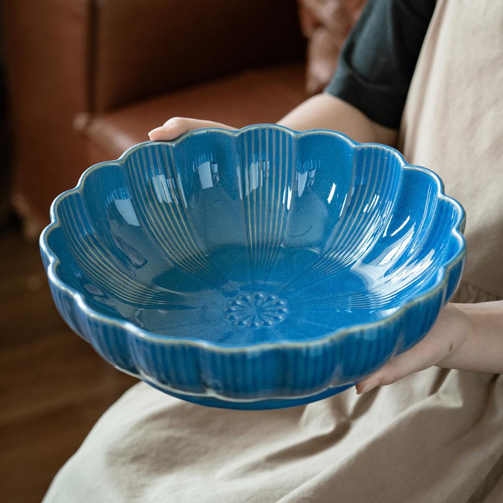 Light Luxury Blue Ceramic Large Bowl Exquisite Petal-Shaped Soup Bowl Household Restaurant Practical Tableware Vegetable Bowl Fruit Bowl