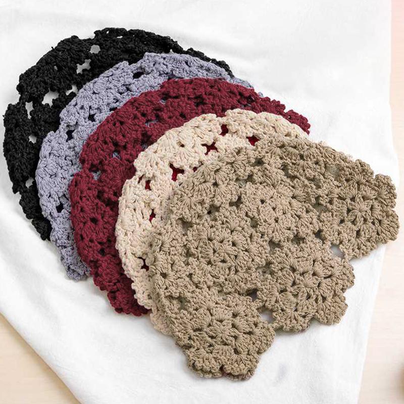 Fashion Flower Embroidery Hollow Crochet Knitted Hat French Retro Beanie Accessories