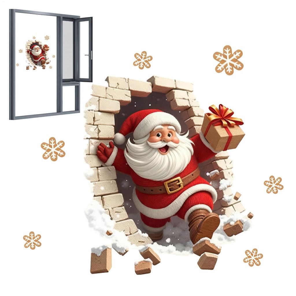 Santa Wall Decal Christmas Santa Breaking Brick Wall Stickers Decor Bathroom Decal for Home Party Living Room Bedroom Bathroom