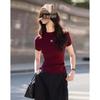 Demana Women's Rose Metallic Knit Top with Side Drawstring & Semi-High Neck