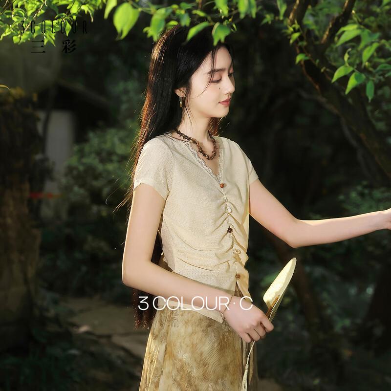 SanCai New Chinese Style V-Neck Short Sleeve Top M
