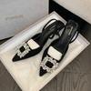 Square Buckle Rhinestone Pointed Shallow Mouth Single Shoes Women'S High Heel Thin Bun Head Back Empty Strap Sandals