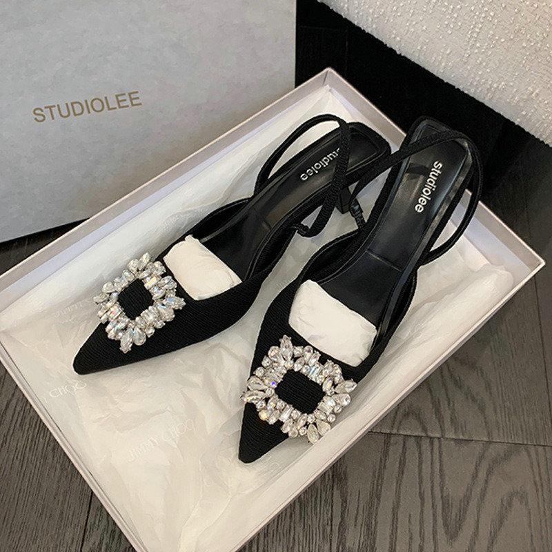 Fashion Square Buckle Rhinestone Pointed Shallow Mouth Single Shoes Women'S High Heel Thin Bun Head Back Empty Strap Sandals
