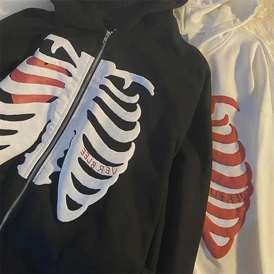 Women's Loose Skull Print Hooded Cardigan Sweatshirt with Zipper - Autumn/Winter Trendy Long-Sleeved Jacket