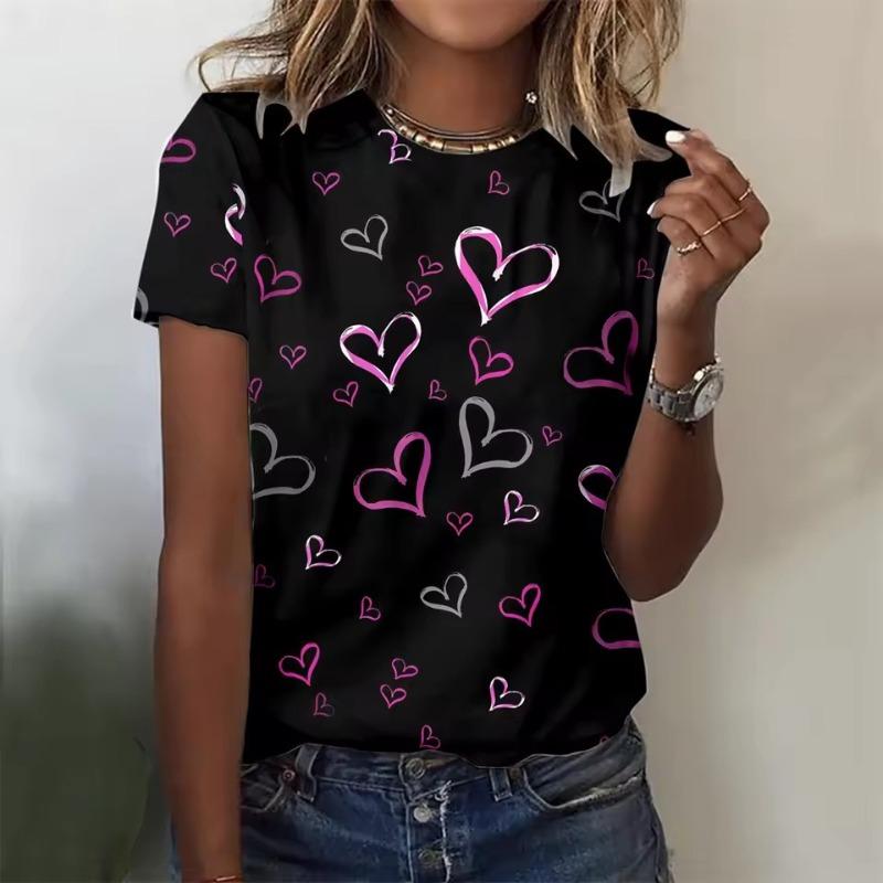 Women's T-shirt 3D Pattern Printed Casual Short Sleeved Love Pattern Printing O-Neck Top Fashionable Street Women's Clothing