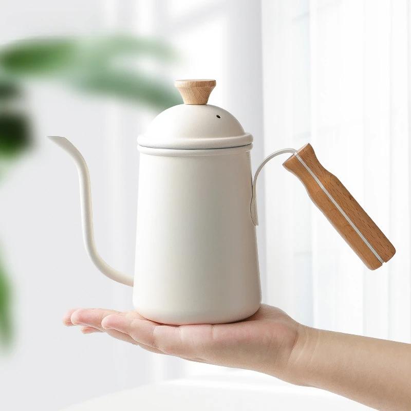 650ml Nerezová konvice na kávu s husím krkem, konvička na čajovou vodu s dřevěnou rukojetí, kempingová přenosná konvička na kávu pour over, kávové nádobí