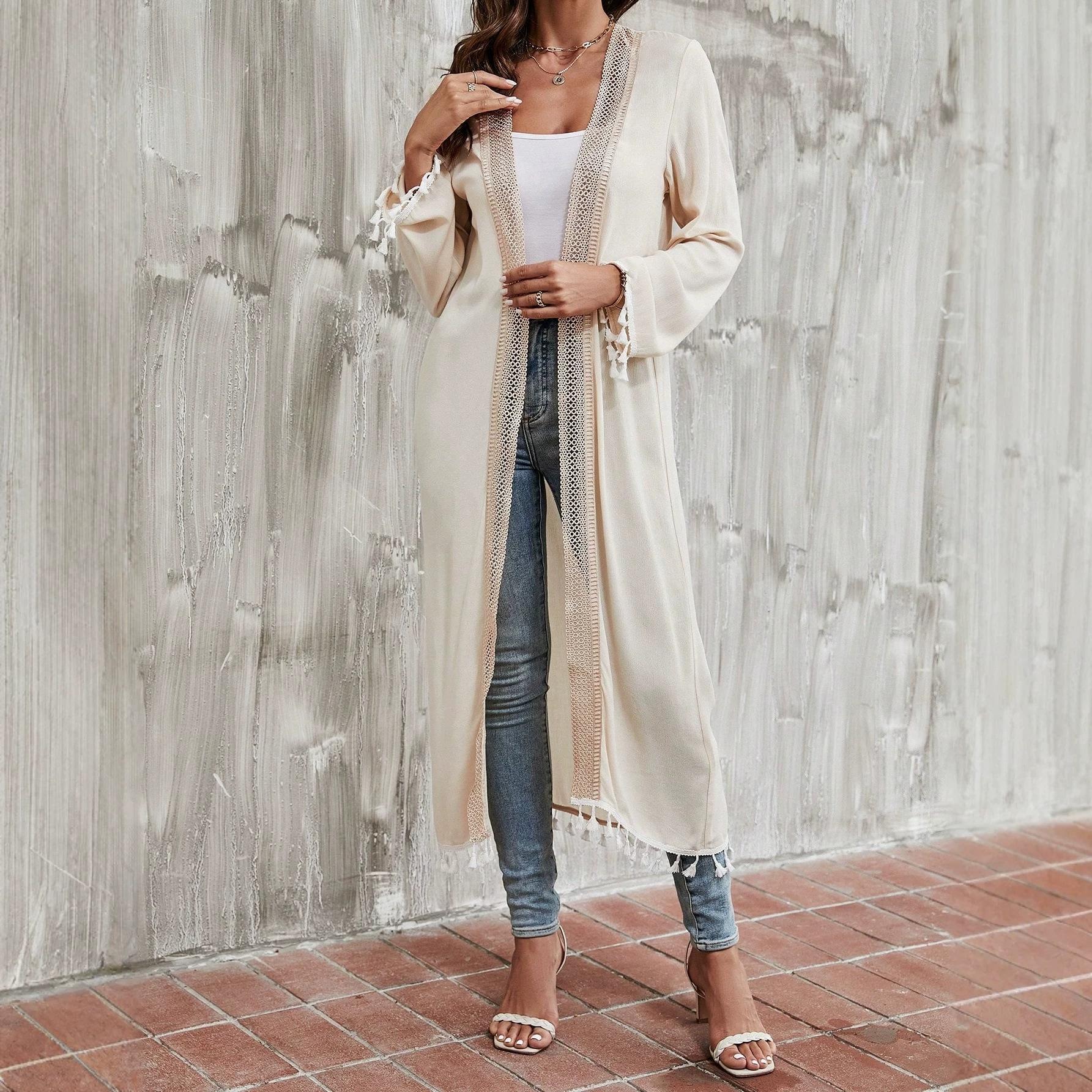 European and American women s solid color long-sleeved long casual loose cardigan spliced fringed lace beach sunscreen blouse S абрикосовый