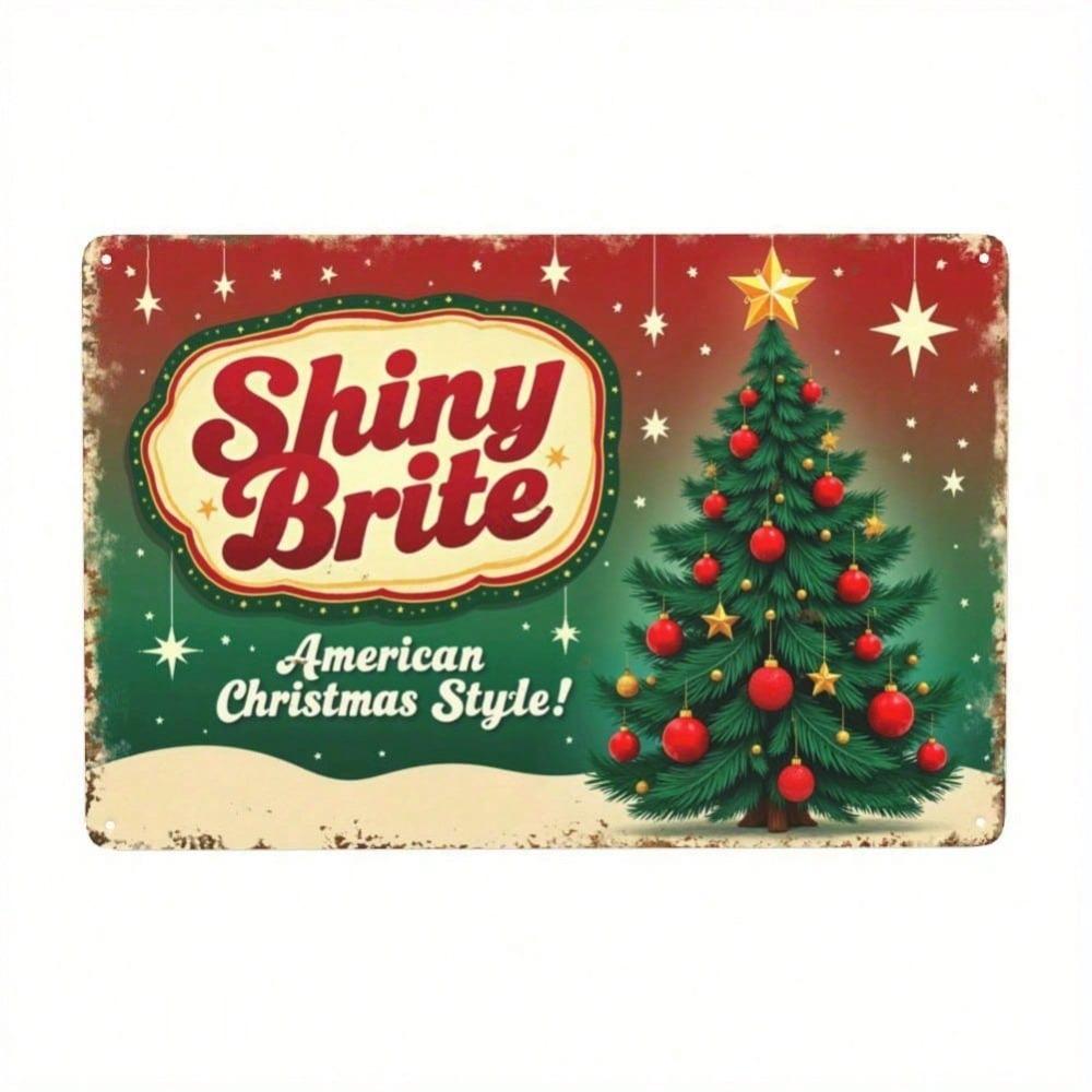 

1pc Retro Christmas Metal Tin Sign Shiny Brite Style Wall Art Decor with Tree Snowflakes for Kitchen Living Room Holiday Home Accent 20x30 різнокольоровий