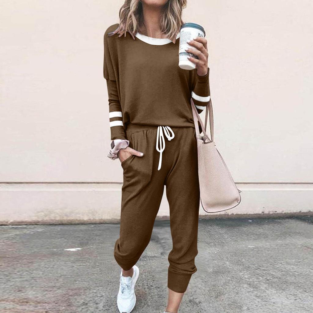 Women's Fashion Loose Color-Block Striped Long-Sleeve Round-Neck Drawstring Sports Casual Top And Pants Two-Piece Set