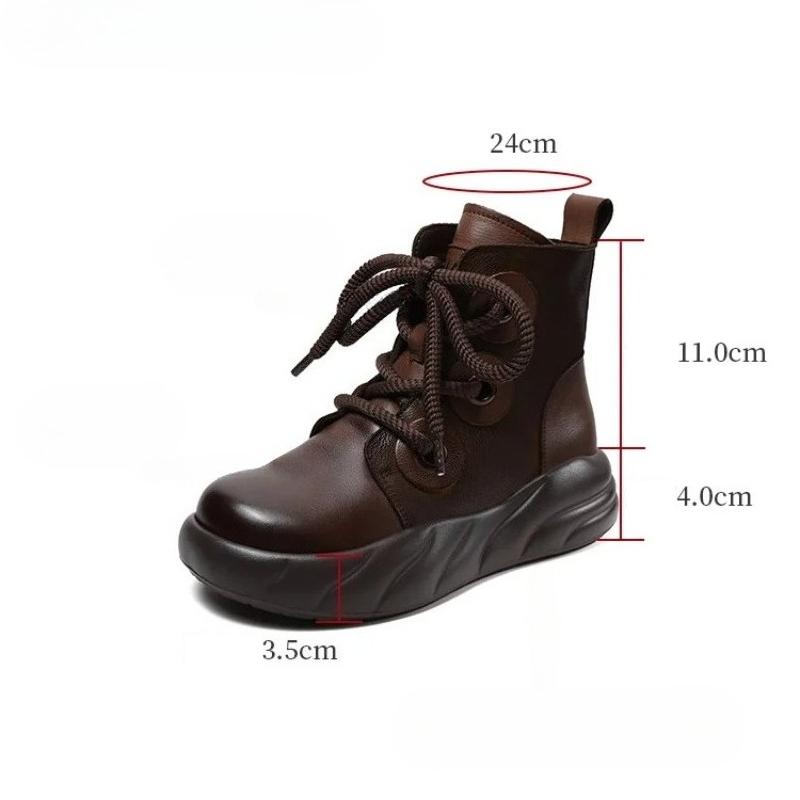 Johnature Genuine Leather Short Boots Retro Versatile Plush Warm Thick Bottom Side Zipper Women's Boots