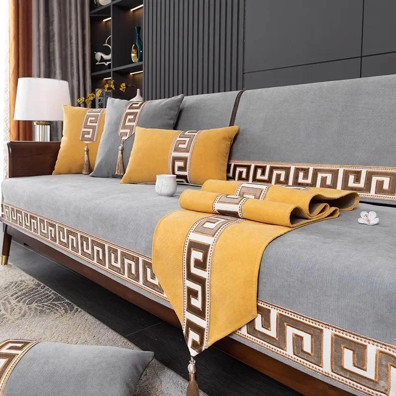 Chinese Style Chenille Sofa Cover Four Seasonal Universal Solid Wood Sofa Seat Cushion Joyful Anti Slip Red Chair Cushion Cover