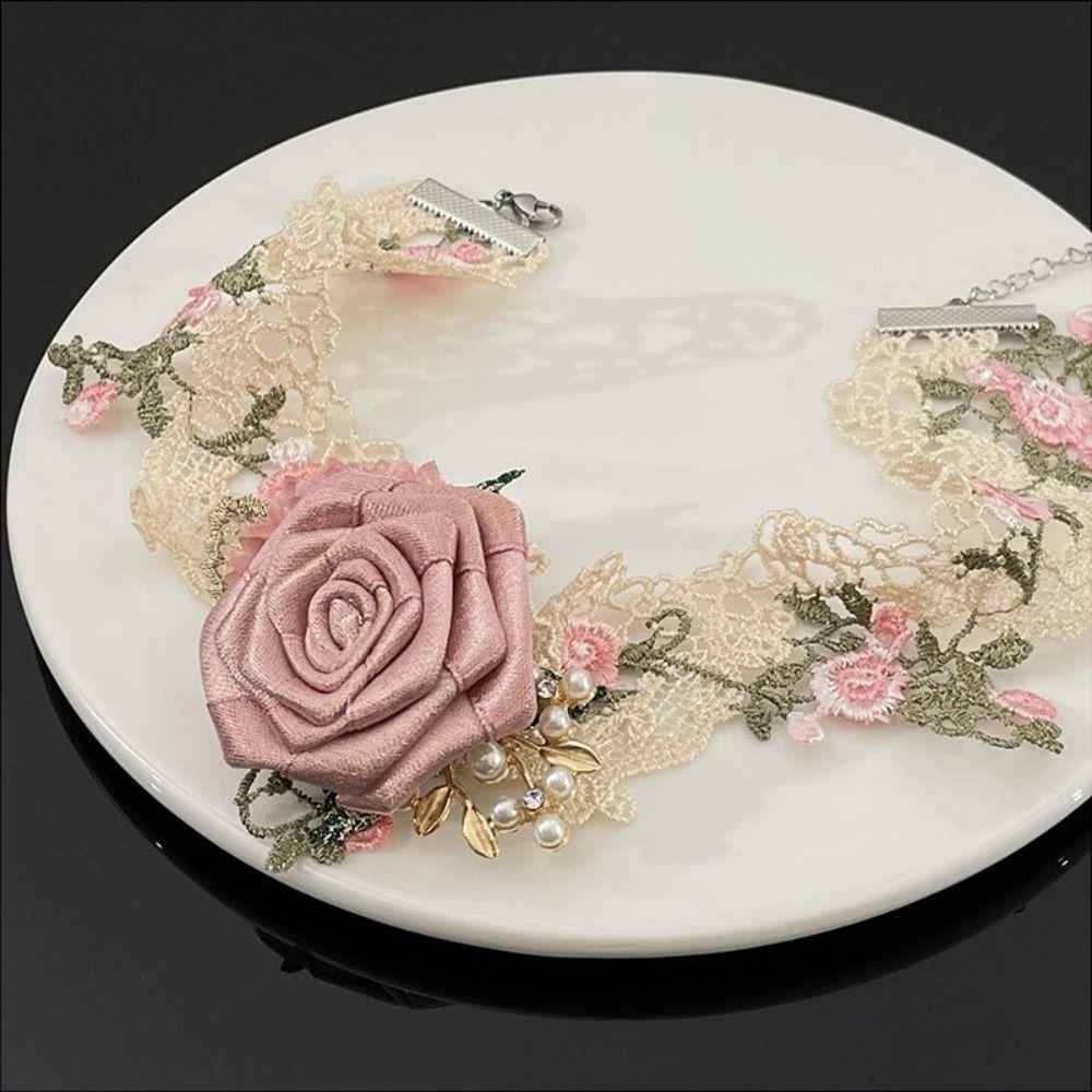 French Style Rose Choker Necklace Textured Sweet Fabric Choker Lace Flower Choker  Take Photo