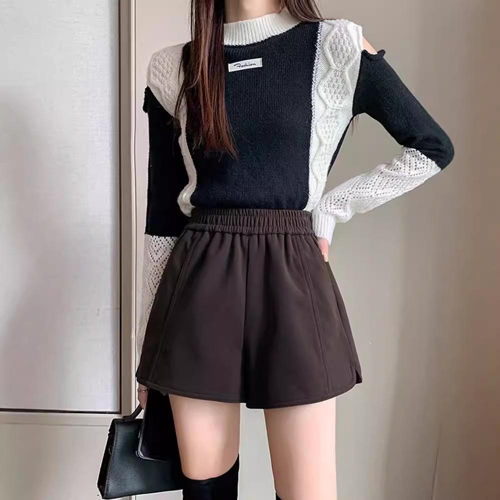 

Женские шорты из кофейного твида с высокой посадкой - Осенне-зимний европейский А-силуэт, приталенный крой 2XL (suggested for 131-147 lbs)