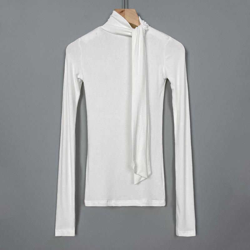 Korean Dongdaemun Sexy Socialite Sheer Ribbon High Neck Long Sleeve Women s T-shirt One Size белый