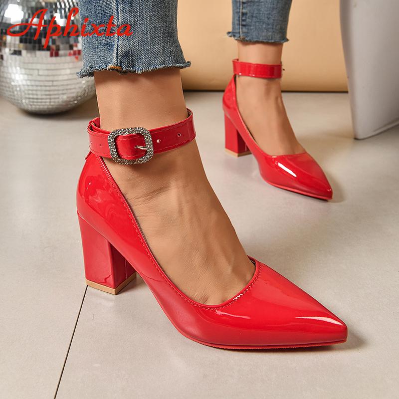 Fashion Aphixta Crystals Buckle Pimp Strap Patent Leather 7cm Chunky Heels Official Pumps 2cm Belt Buckle Pointed Toe Women Shoes