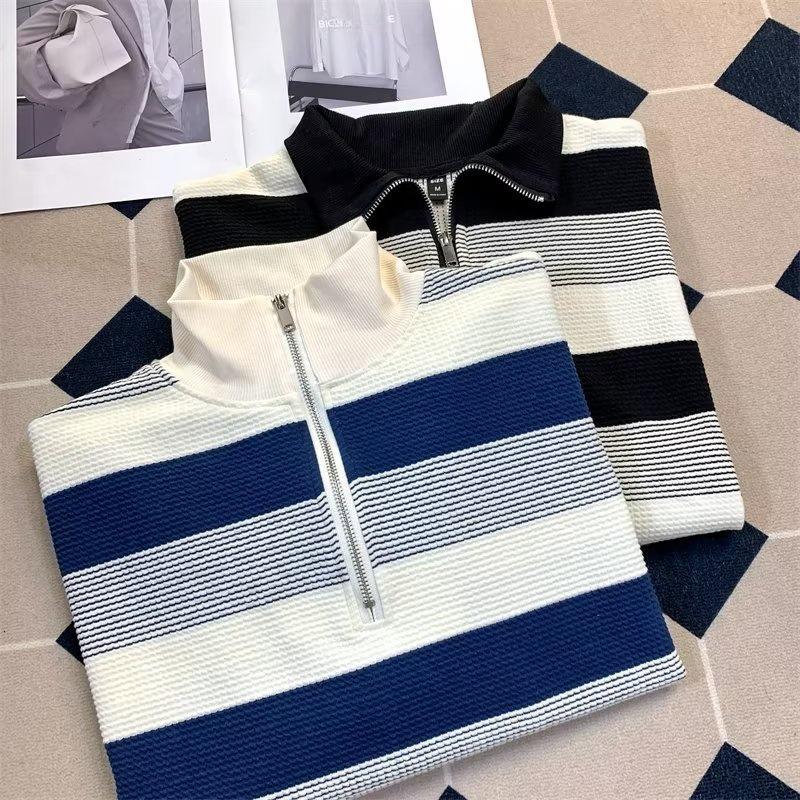 Unisex Retro Gestreifte Oversize Langarmjacke mit halbem Reißverschluss für Herbst & Winter