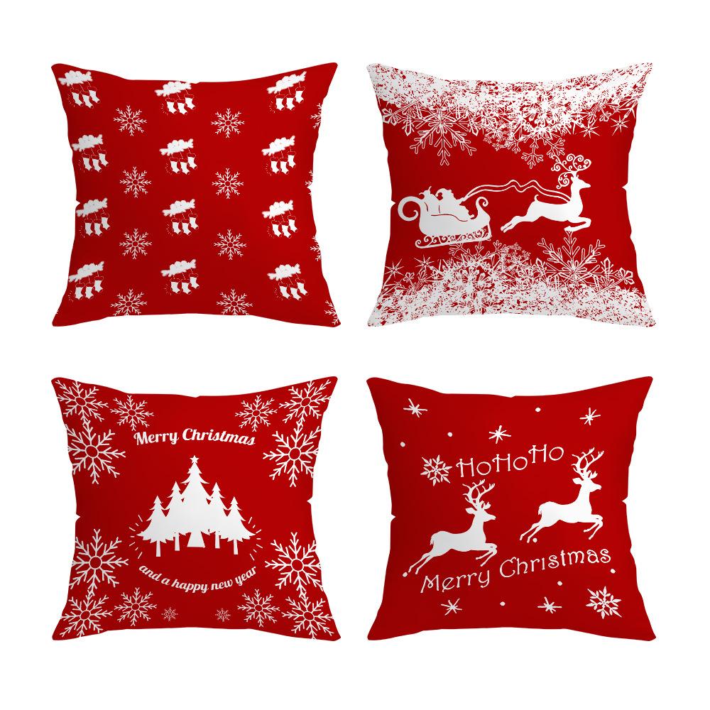 Christmas Red Square Pillow Cover Elk Santa Claus Christmas Tree Print Home Pillow Cushion Cover