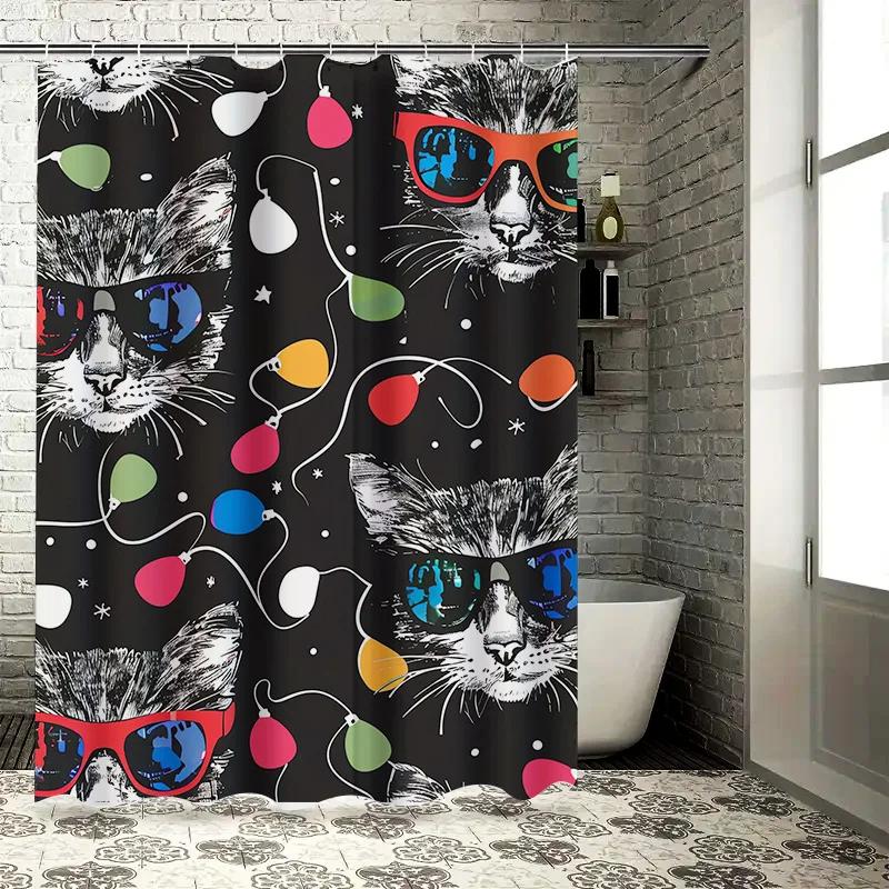 Black Shower Curtain with Funny Cat Design Waterproof Bathroom Decoration, Perfect for Home Decor (36x72 inches)