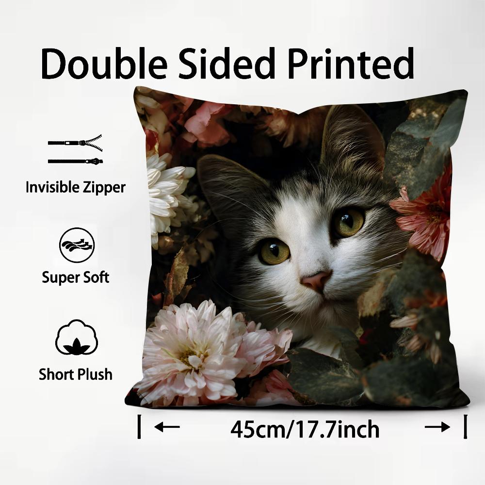 Cat And Flower Fashion Cushion Cover Plush Fabric Soft DoubleSided Printed Sofa Warm Winter Home Child Gift Pillow Case